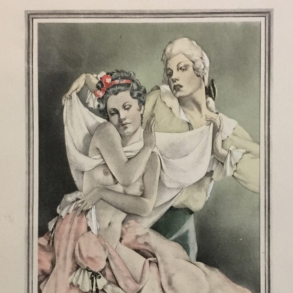 Risqué French Print No.8(Nude Woman Being Covered) Very Rare & Excellent Condition! 6.5x 9in, Includes Mat, 13.5x16in.Artist Unknown