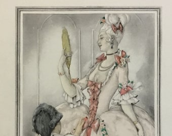 Risqué French Print No. 4 (Full Costume With Mirror and Breasts), Very Rare & Excellent Condition! 6.5x 9in, Includes Mat, 13.5x16in.