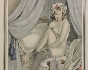 Risqué French Print No.1 (Nude Woman Removing Stocking), Very Rare & In Excellent Condition! 6.5x 9in, Includes Gold-Lined Mat, 13.5x16in.