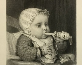 The Little Musician by A. Anker 1880, from Art Treasures of America, 7.5x11.5in. includes mat 12x16in.