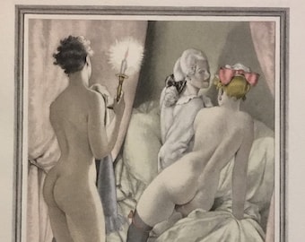 Risqué French Print No. 2(2 Nude Women in bed with Male with Candle ), Very Rare & Excellent Condition! 6.5x 9in, Includes Mat, 13.5x16in.