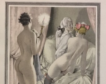 Risqué French Print No. 2(2 Nude Women in bed with Male with Candle ), Very Rare & Excellent Condition! 6.5x 9in, Includes Mat, 13.5x16in.