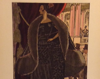 Gazette du Bon Ton Art Print No.10, 7.5 x 9.5 inches, Année 1920, Planche 77, A L'Opéra Manteau et robe, pour le soir, de Jeanne Lanvin