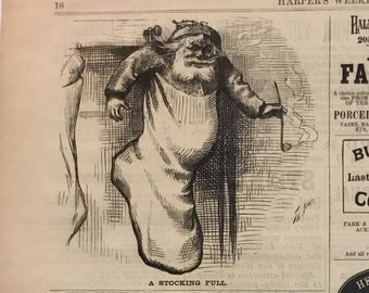 Original Political Cartoon Print & Newspaper "Santa in a Stocking Drawing" by Thomas Nast, Harpers Weekly January 4, 1879, 11x16 in