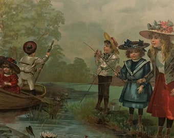 Little Fishers Charming Chromolith, Artist Unknown, 1902, 11.5x17 includes mat 18 x 24 inches