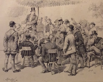 Selling “Auction Pools” on a Horse-Race, drawn by Frederick Barnard, August 11, 1888, Harpers Weekly, 11x16in., Excellent Condition