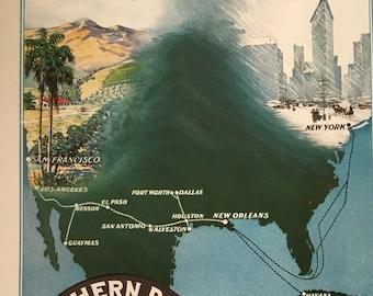 Original Southern Pacific Water & Rail US Map Advertisement, Winter Route to Pacific Coast, The Theatre Magazine, Feb 1910, 9.5x 13.5inches