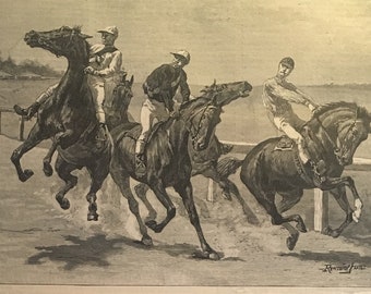 A Close Finish, Sketches from a Summer Race-Meeting, drawn by Frederic Remington, Harpers Weekly, June 1887, 11 x16 in.