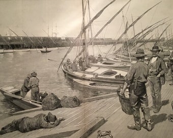 Sicilian and Italian Fisherman's Dock-San Francisco, California Original Print Drawn by H.F. Farny, Harpers Weekly, 1889, 16 x 22 inches