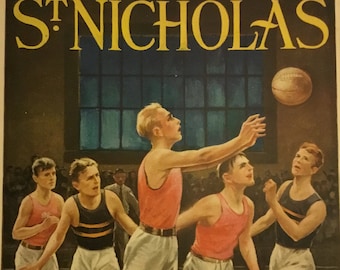 St. Nicholas Original Magazine Cover "Boys Basketball", March 1927, 8.25x 10.5 inches (includes 11x14 inch Mat), Excellent Condition!