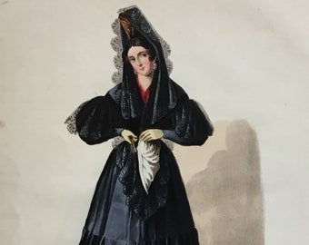 Doña Mariaña Quintana by J. Becquer, Seville, Color 1st Ed. Lithograph with Writing & Music, The Andalusian Annual for 1836, 8x10.5 in.