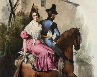 Going To The Feria by J. Becquer, Seville, Spain, Colored 1st Ed. Lithograph w/ Writing & Music, The Andalusian Annual for 1836, 8x10.5 in.