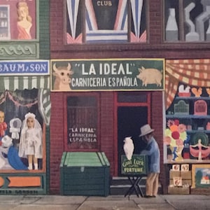 May include: A vintage New Yorker magazine cover illustration depicting a city street scene with various storefronts. The storefronts include a beauty shop, a club, a butcher shop, and a tinsmith shop. The illustration is in a colorful cartoon style.