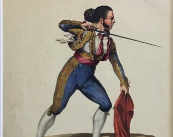 The Matador by J. Becquer, Seville, Spain, Colored 1st Ed. Lithograph w/ Writing & Music, The Andalusian Annual for 1836, 8x10.5 in.