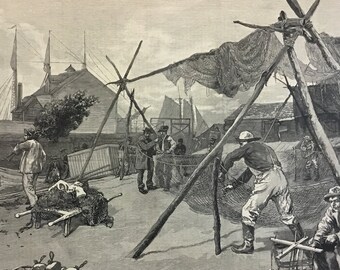 Preparing Nets For Shad Fishing Drawn by W.A. Rogers, April 20, 1889, Harpers Weekly, 11x16inches, Excellent Condition!