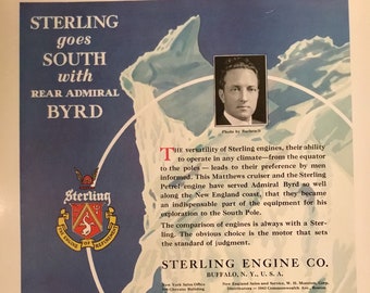 Sterling Engines Co. Original Vintage Advertisement "Sterling Goes South with Rear Admiral Byrd", 1934, 10.5x13.75 in., Good Condition!