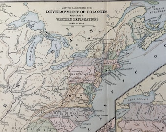 Development of the Colonies and Early Western Explorations Vintage Map 8 x 9.25 inches, 1885, Eastern United States