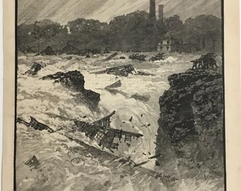 The Floods in NJ-Scene at The Passaic Falls drawn by Charles Graham, October 7, 1882, Harpers Weekly, 11x16in., Excellent Condition!