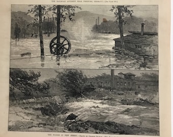 The Floods in NJ (Above th Passaic Falls & Dam of Hohokus) October 7, 1882 by Charles Graham, Harpers Weekly, 11x16in.,Excellent Condition