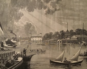 Saturday Afternoon on the Harlem River by CA Keetels June 28, 1879, Harpers Weekly, 11x16in., Excellent Condition