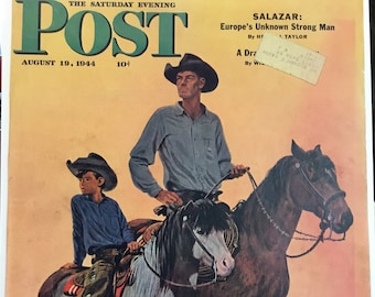 Original The Saturday Evening Post Cover "Surveying The Ranch" August 19, 1944 By Fred Ludekens,  10.75 x 13 inches, Good Condition!
