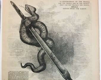 Political Cartoon Print"USA Constitution Pen killing Ku Klux Klan Snake"(Reconstruction) byThomas Nast,Harpers Weekly,Sept 30, 1876,11x16 in