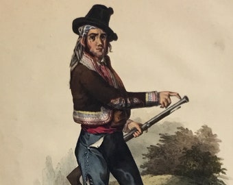 The Bandit by J. Becquer, Seville, Spain, Colored 1st Ed. Lithograph w/ Writing & Music, The Andalusian Annual for 1836, 8x10.5 in.