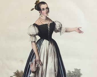 Matilda Diez by J. Becquer, Seville, Spain, Colored 1st Ed. Lithograph with Writing & Music, The Andalusian Annual for 1836, 8x10.5 in.