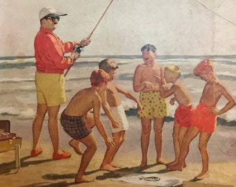 Original The Saturday Evening Post Cover "Beach Kids Mock Fisherman" September 1, 1956 By Dick Sargent, 10.75 x 13 inches, Good Condition!