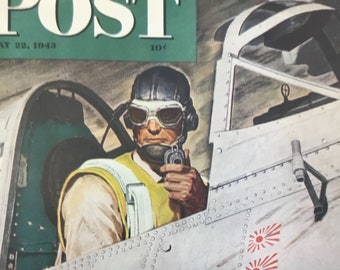 Original Saturday Evening Post "Fighter Pilot" Cover, May 22, 1943 by Mead Schaeffer 10.75 x 13 inches, Good Condition!