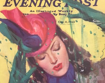 Original The Saturday Evening Post "Cat Pin"  Cover,  October 11, 1941, by John LaGatta  10.75 x 13 inches, Good Condition!