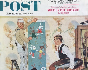 Original Saturday Evening Post Cover, "Den Into Nursery" November 22, 1958, By George Hughes, 10.75 x 13 inches!