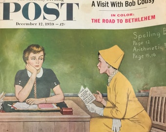 Original The Saturday Evening Post "Teacher Conference” Cover,  December 12, 1959 by Amos Sewell,  10.75 x 13 inches, Good Condition!