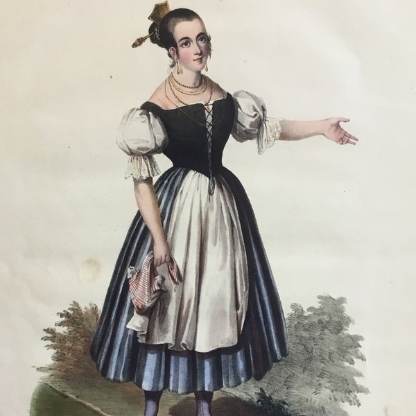 Matilda Diez by J. Becquer, Seville, Spain, Colored 1st Ed. Lithograph with Writing & Music, The Andalusian Annual for 1836, 8x10.5 in.