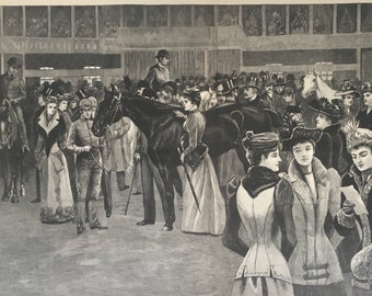 New York - The Horse Show. Inspection of a Favorite Hunter. Once a Week, double page, 11x 15.25 inches, Nov 25, 1890, Excellent condition.