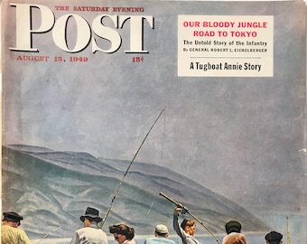 Original The Saturday Evening Post “Pier Fishing” August 13, 1949 By John Falter, 10.75 x 13 inches, Good Condition!