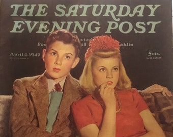 Original The Saturday Evening Post Cover, cover by Douglass Crockwell, 13.5 x 10.5 inches, April 4, 1942, Good Condition!