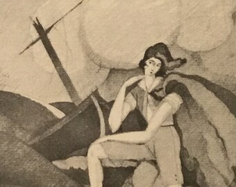 Gazette du Bon Ton Art Original Print No.8, 7.5 x 9.5 inches, Annee 1921, Planche 57, Rendez-moi mon Leger Bateau (Romance)
