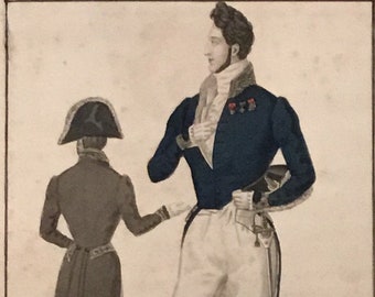 Modes de Paris, Petit Courier des Dames, Men's Fashion by Cour Habit,Original Fashion Lithograph, France, 1800's, 10.25x13.25in. with mat