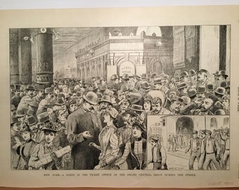 New York-A Scene of the Ticket Office at Grand Cemtral Station During The Strike, Artist Unknown, From Once A Week, August 1890, 11x16in.