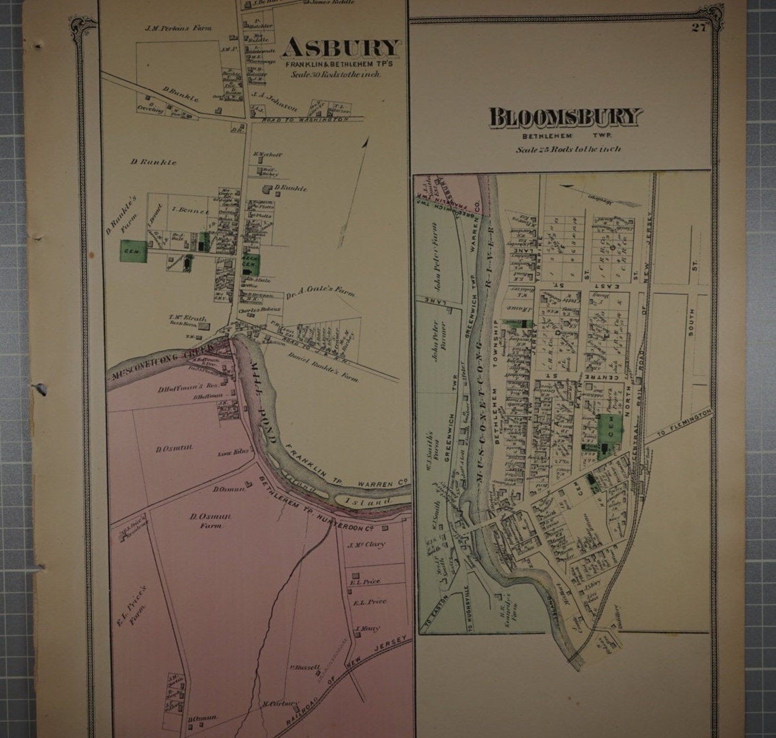 Original Vintage 1873 Map of Asbury and Bloomsbury New Jersey in
