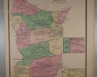 Original 1868 map of Passaic NJ, Morris County by F.W. Beers and published by Beers, Ellis and Soule, 95 Maiden Lane, NY