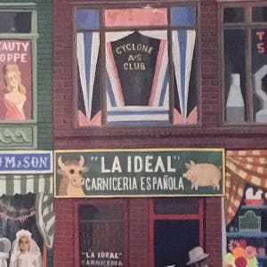 May include: A vintage illustration of a storefront with a sign that reads "LA IDEAL CARNICERIA ESPA&Ntilde;OLA". The storefront has a red brick facade with a green awning. There is a pig and a cow on the sign. The storefront is decorated with red and white striped curtains.