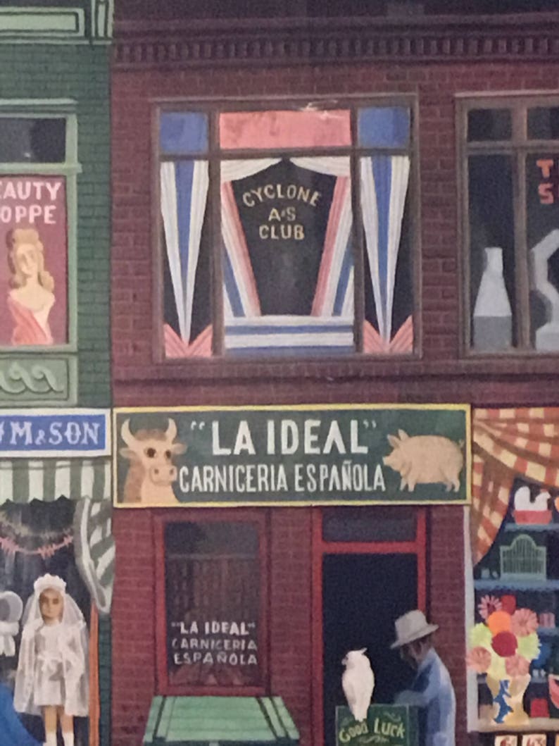 May include: A vintage illustration of a storefront with a sign that reads "LA IDEAL CARNICERIA ESPA&Ntilde;OLA". The storefront has a red brick facade with a green awning. There is a pig and a cow on the sign. The storefront is decorated with red and white striped curtains.