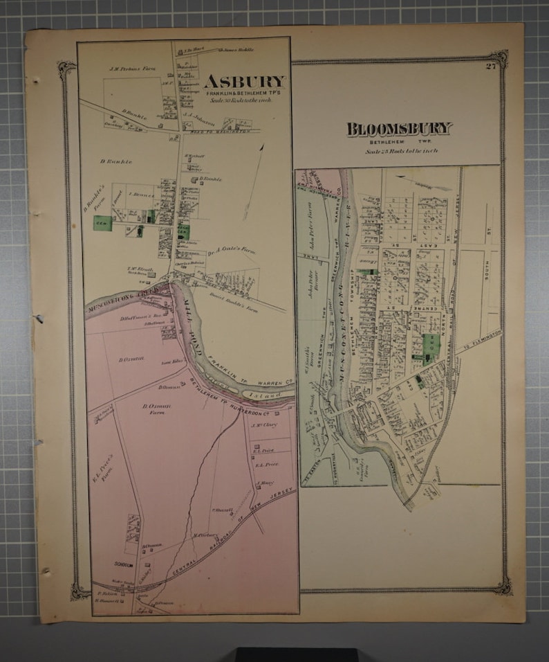 Original Vintage 1873 Map of Asbury and Bloomsbury New Jersey in