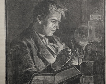 Edison In His Workshop - Drawn by H. Muhrman and Featured in Harper’s Weekly Newspaper.  Dated August 2, 1879.