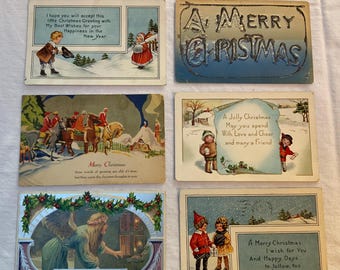 Antique Christmas Postcards - set of 6.  Good to very good condition
