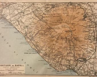 1928 Vintage Map of Napoli, Italy, Eastern Coast includes Mount Vesuvius, Excellent Condition!