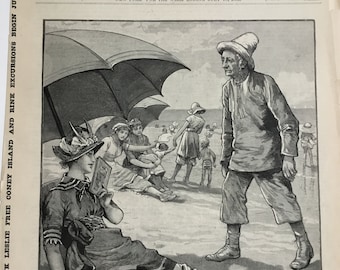 NJ-Scene on the Beach at Atlantic City-VP Hendricks Greeted by sunbathers from Swim, July 18, 1885, Frank Leslie Ill. Newspaper, 11x16in.