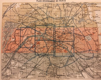 Plan D'Ensemble De Paris, vintage map, 8.25 x 6 inches, 1913, Paris, France